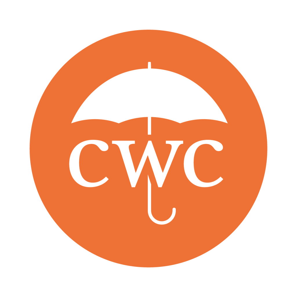 Orange circle with white umbrella logo